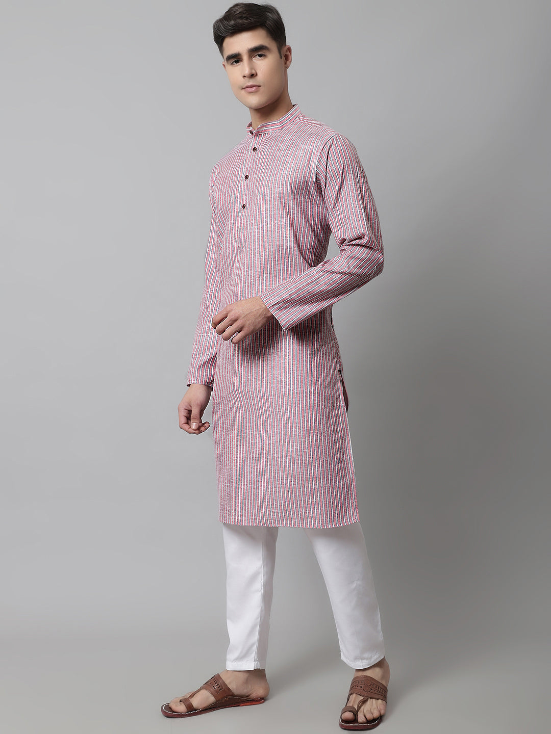 Coral Red Striped Mens Kurta | Indian Kurta for Men Online