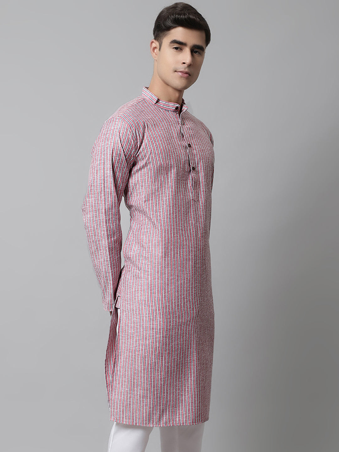 Coral Red Striped Mens Kurta | Indian Kurta for Men Online