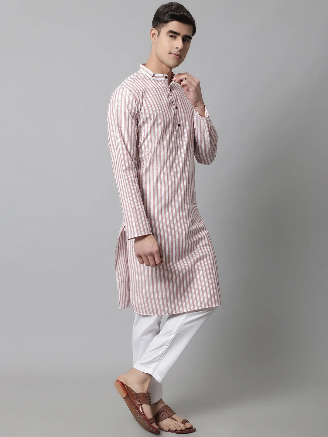Orange & White Striped Mens Kurta | Short Kurta For Men