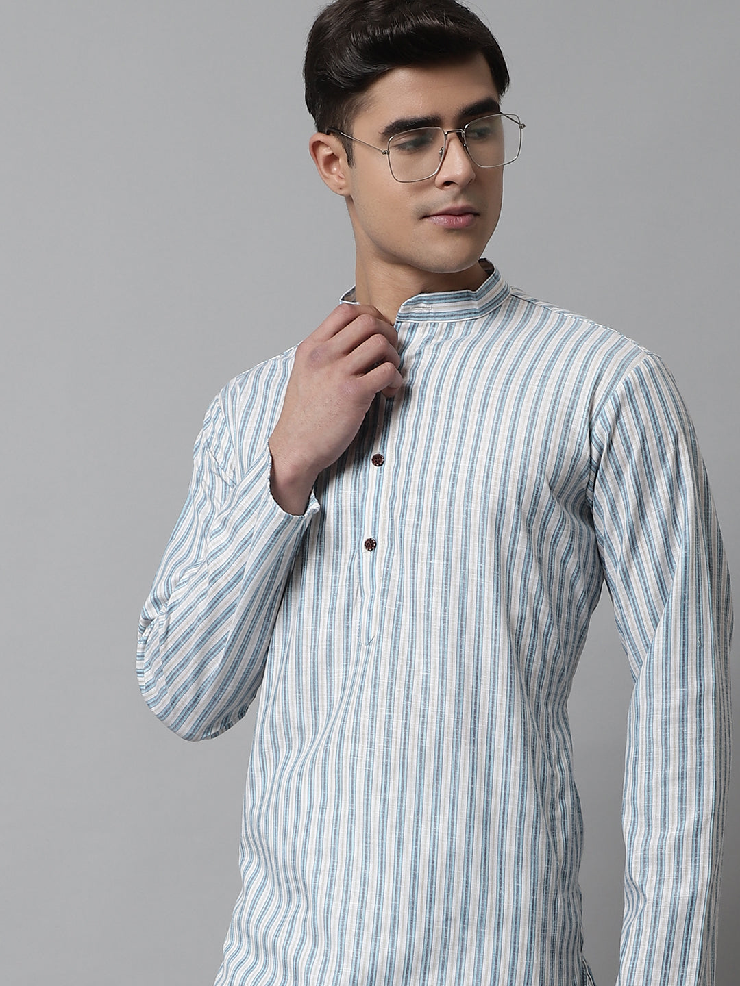 Men Sky Blue and White Striped Kurtas ( KO 683Sky )-KO-683