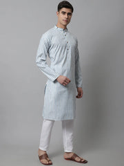 Men Sky Blue and White Striped Kurtas ( KO 683Sky )-KO-683