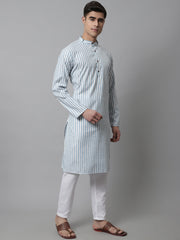 Men Sky Blue and White Striped Kurtas ( KO 683Sky )-KO-683