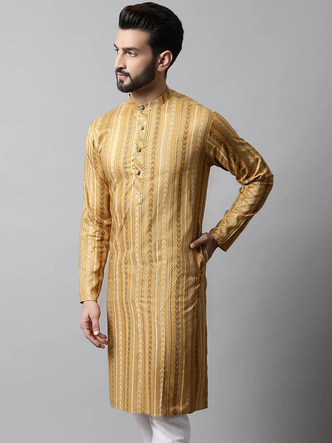 Beige Foil Printed Men's Kurta - Indian Kurta for Men