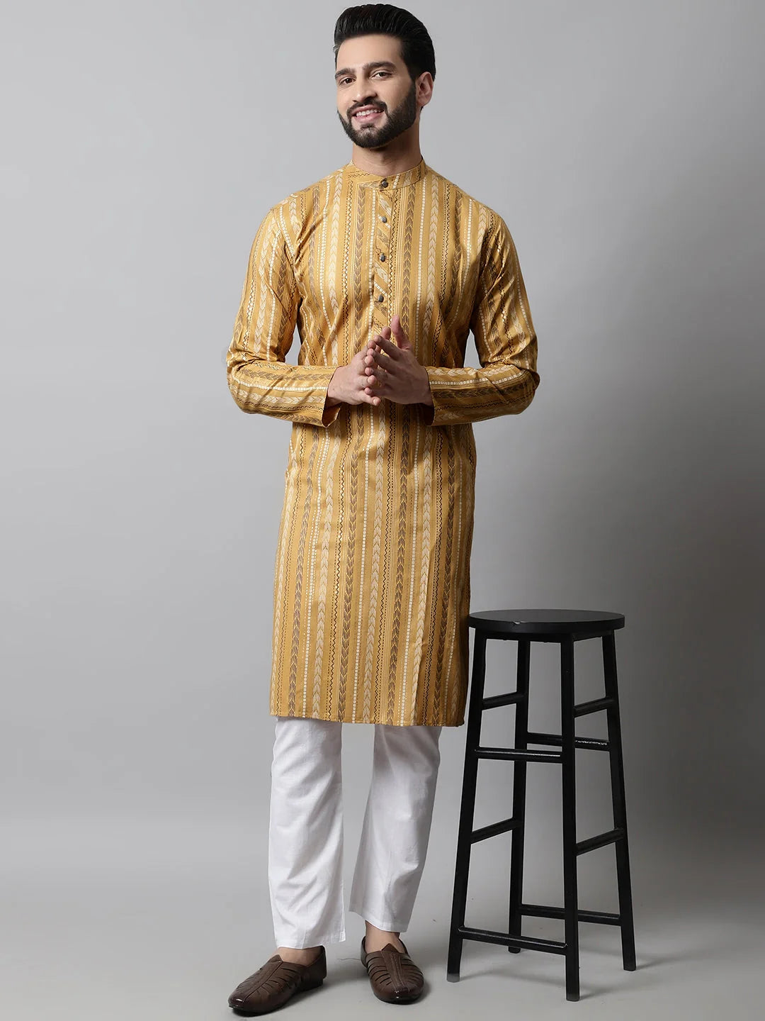 Beige Foil Printed Men's Kurta - Indian Kurta for Men