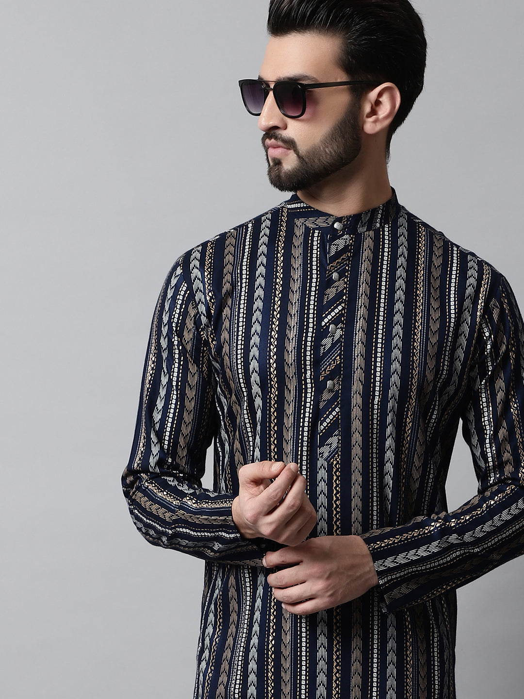 Men Navy Blue Foil Printed Kurtas-KO-684