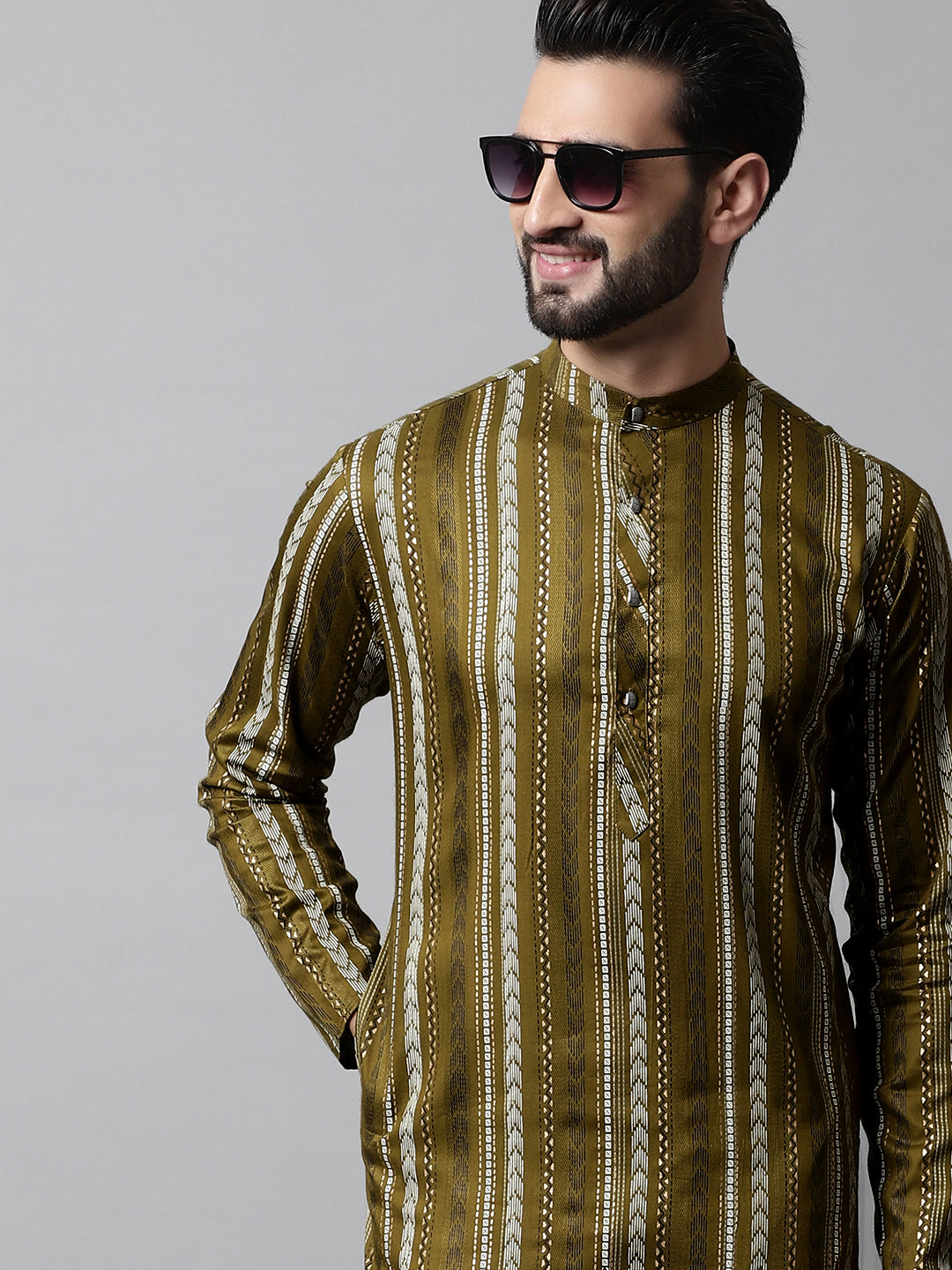 Men Olive Green Foil Printed Kurtas-KO-684