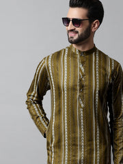 Men Olive Green Foil Printed Kurtas-KO-684