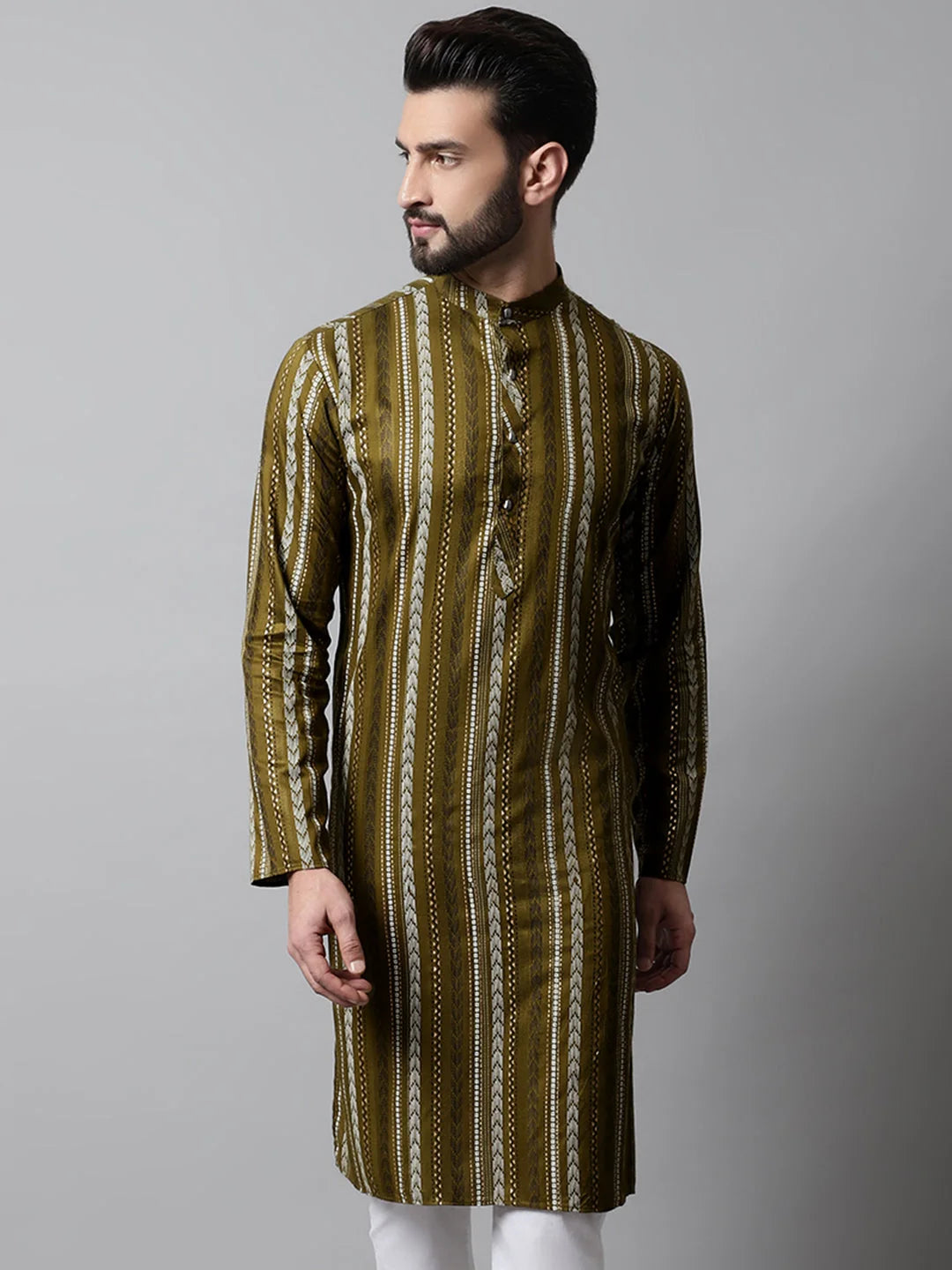 Olive Green Foil Printed Mens Kurta | Short Kurta for Men