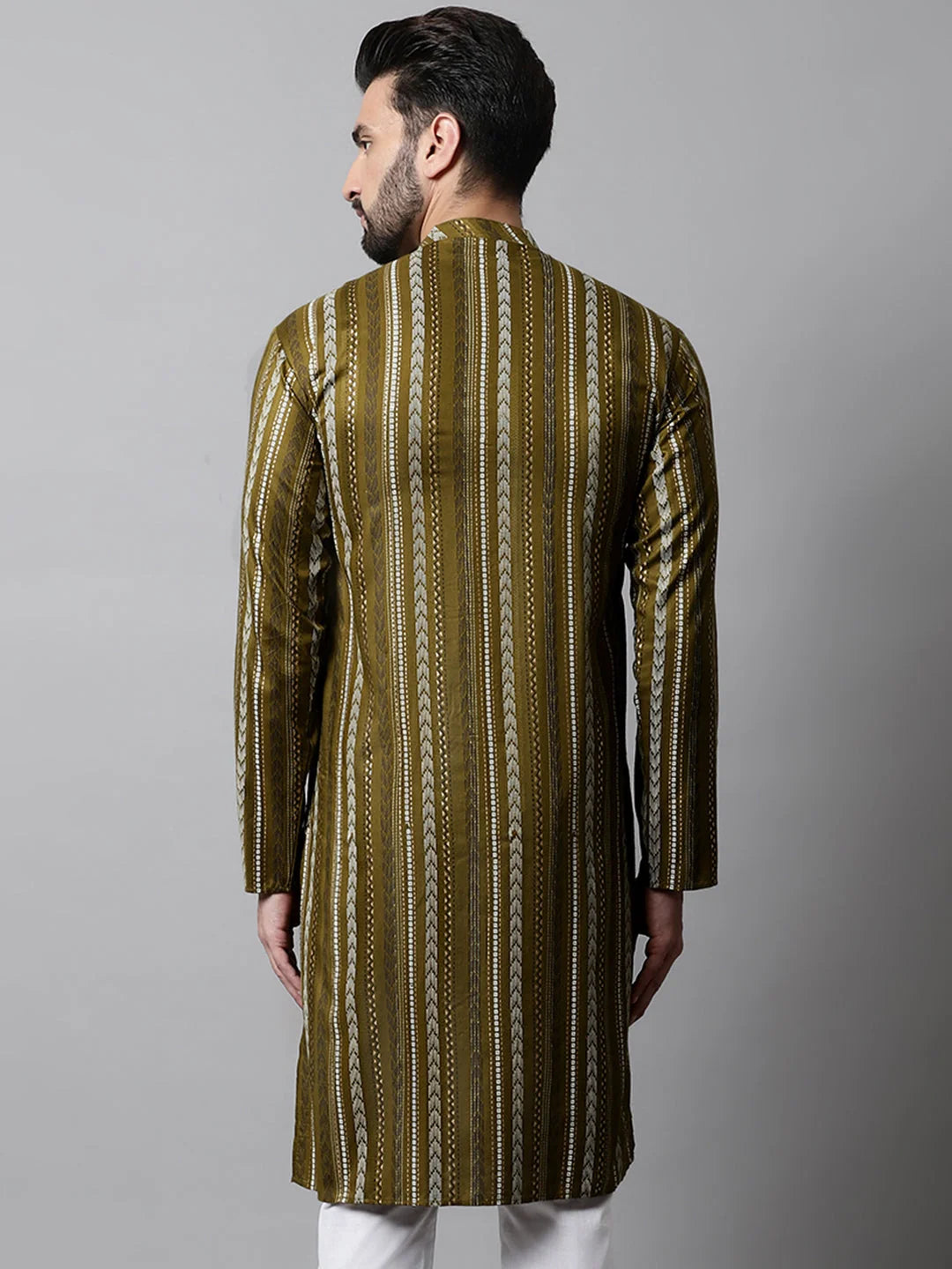 Olive Green Foil Printed Mens Kurta | Short Kurta for Men
