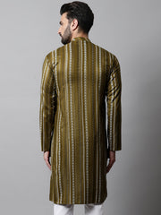 Men Olive Green Foil Printed Kurtas-KO-684