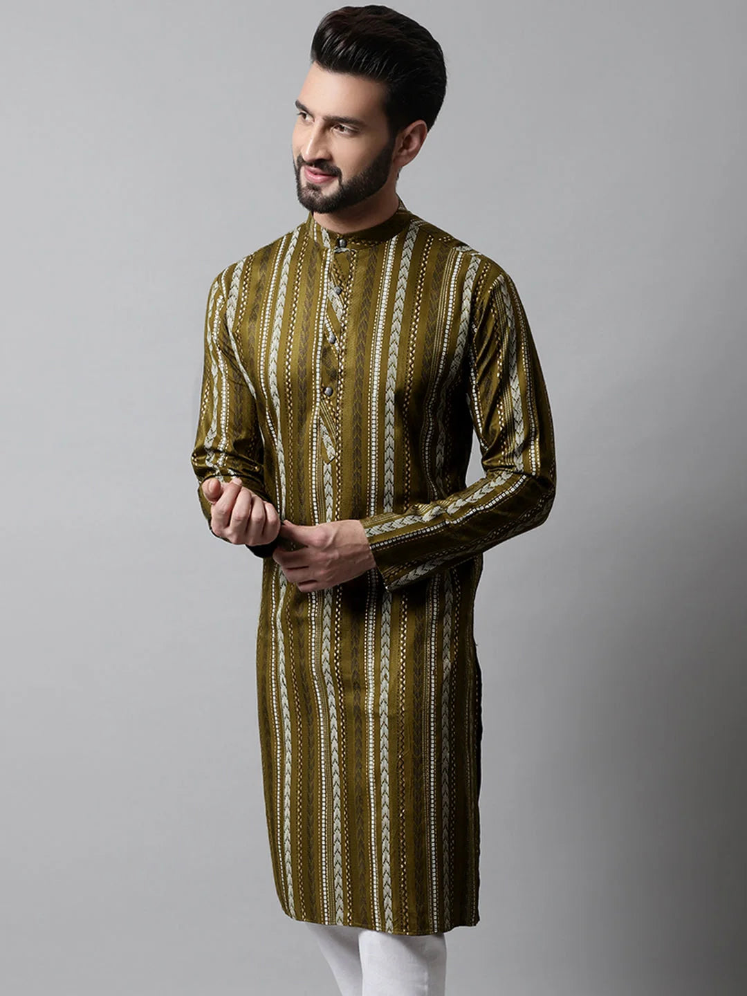 Olive Green Foil Printed Mens Kurta | Short Kurta for Men