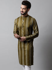 Men Olive Green Foil Printed Kurtas-KO-684