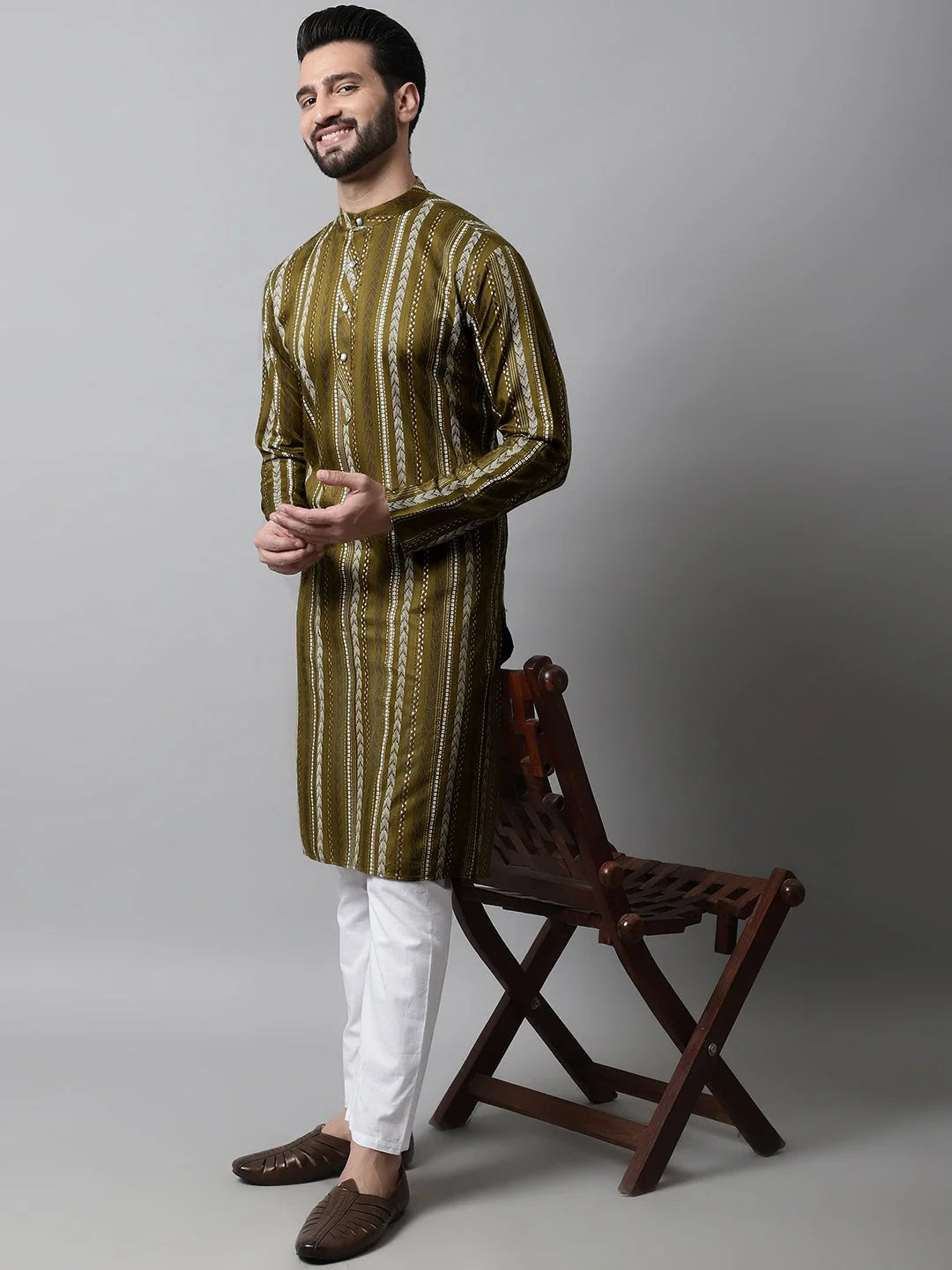 Olive Green Foil Printed Mens Kurta | Short Kurta for Men