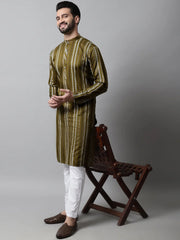 Men Olive Green Foil Printed Kurtas-KO-684