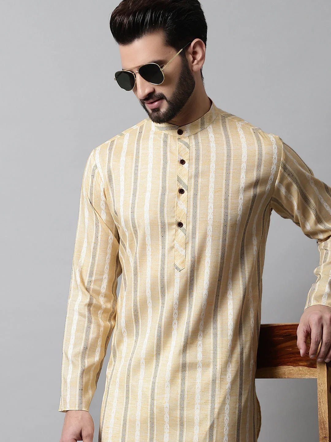 Beige Geometric Printed Mens Kurta | Indian Kurta for Men