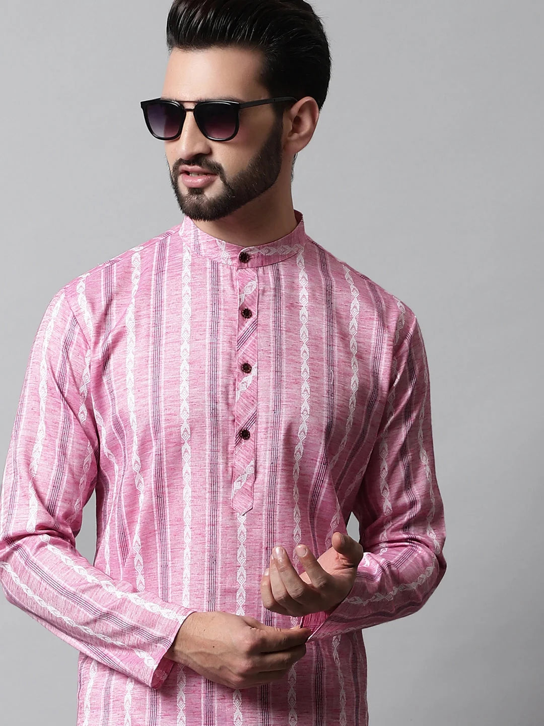 Pink Geometric Printed Mens Kurta | Silk Kurta for Men Look