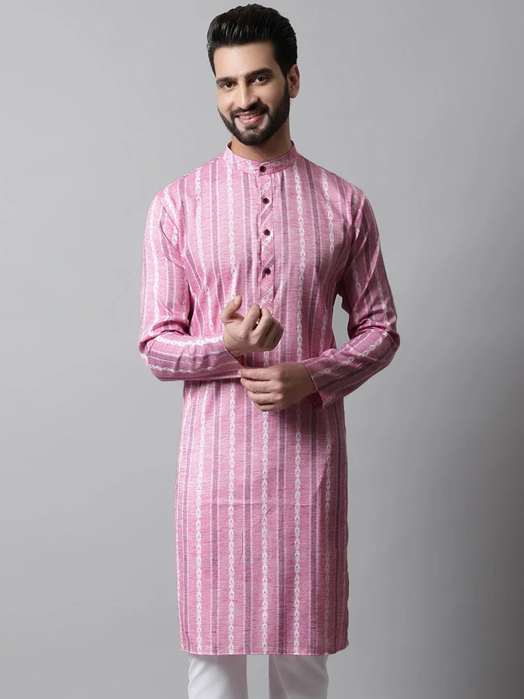 Pink Geometric Printed Mens Kurta | Silk Kurta for Men Look
