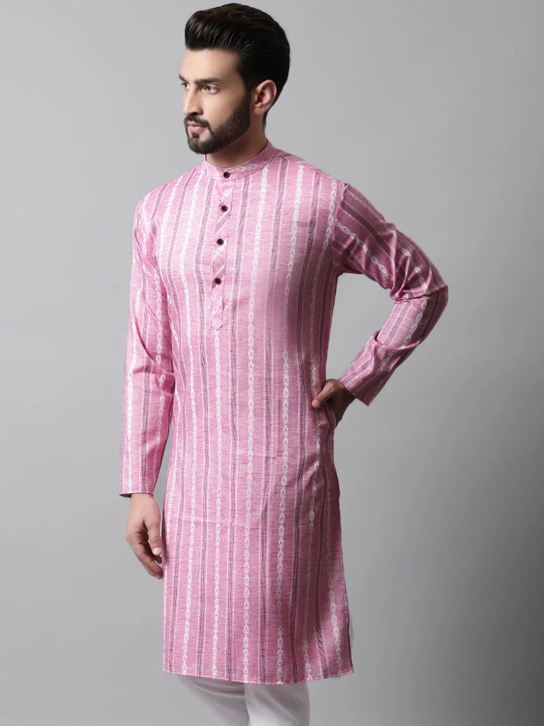 Pink Geometric Printed Mens Kurta | Silk Kurta for Men Look