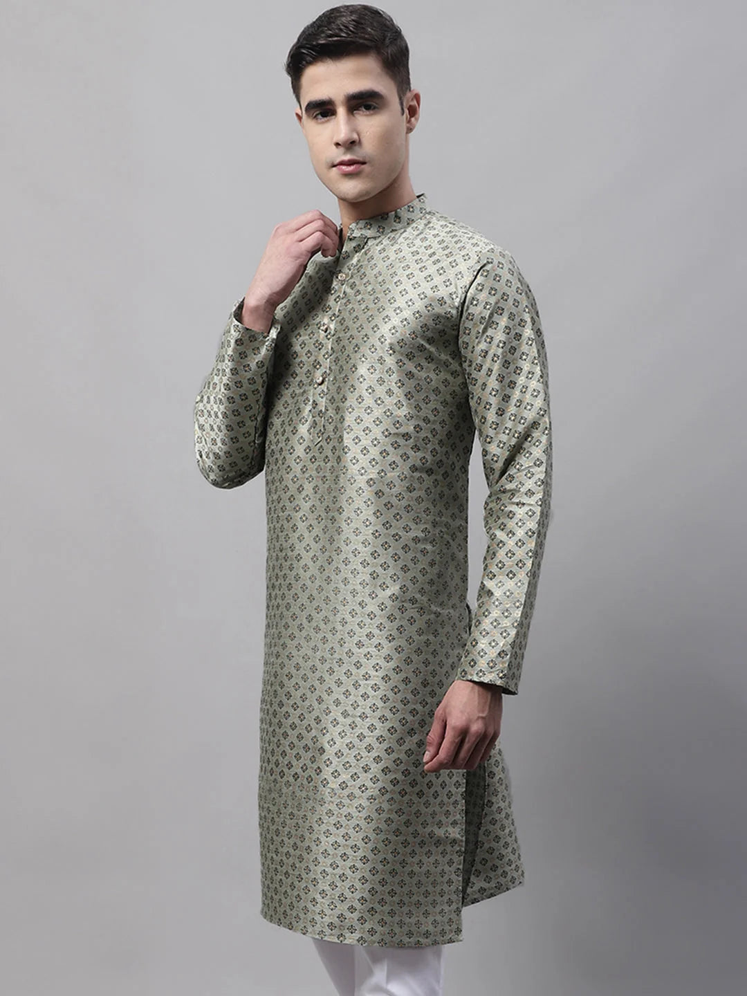 Green Printed Silk Blend Men's Kurta: Stylish Mens Kurta