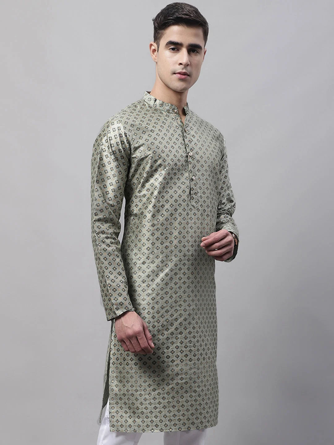 Green Printed Silk Blend Men's Kurta: Stylish Mens Kurta