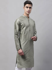 Men's Green Printed Silk Blend Kurtas-KO-686