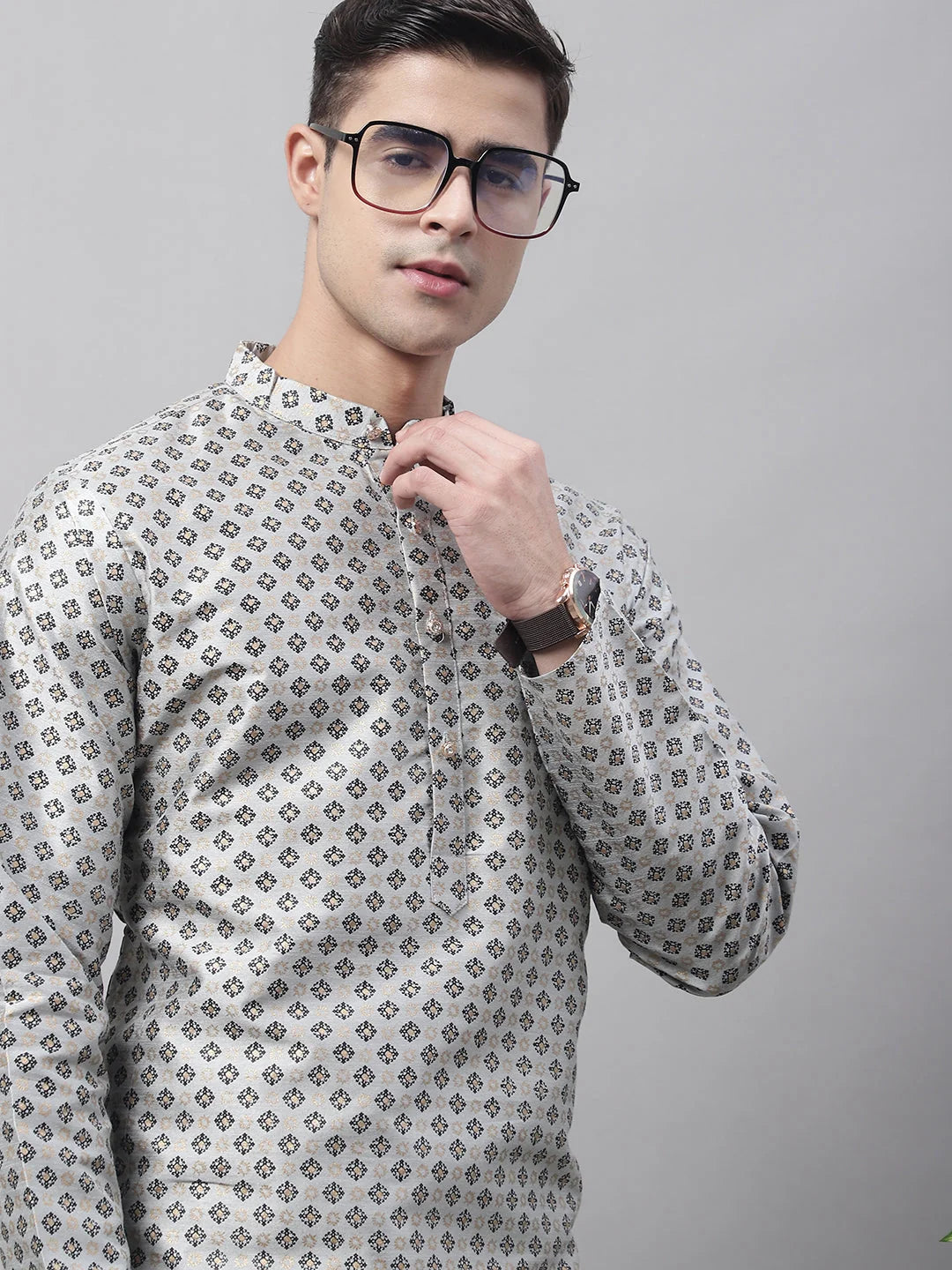 Men's Grey Printed Silk Blend Kurtas-KO-686