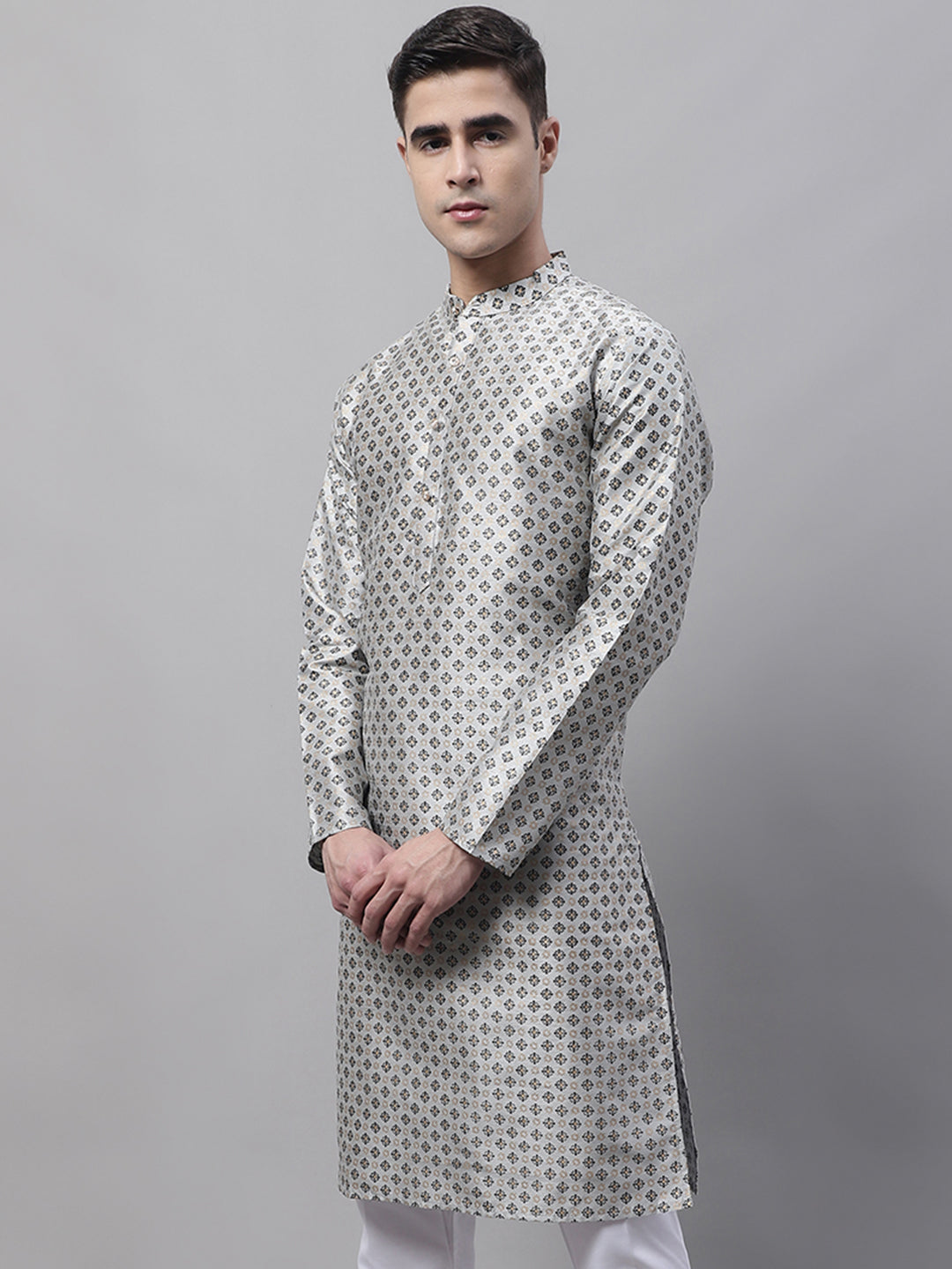 Stylish Men's Grey Printed Cotton Kurta | Indian Kurta for Men
