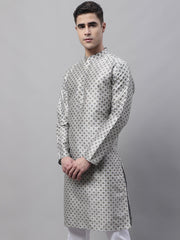 Men's Grey Printed Silk Blend Kurtas-KO-686