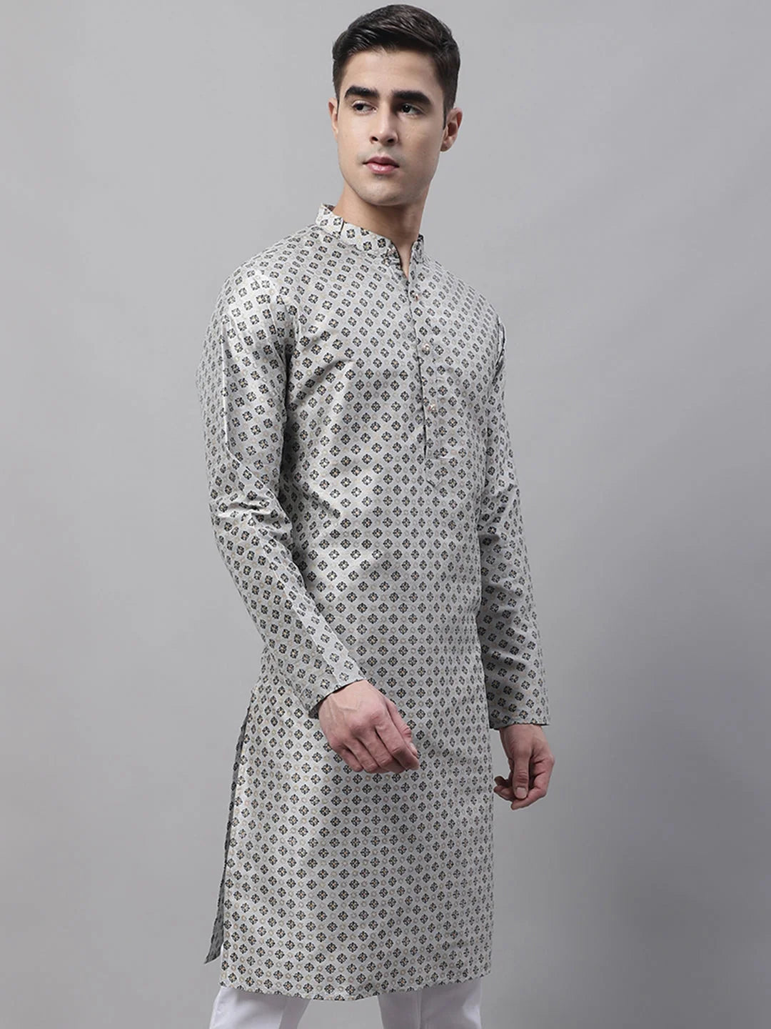 Stylish Men's Grey Printed Cotton Kurta | Indian Kurta for Men