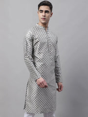 Men's Grey Printed Silk Blend Kurtas-KO-686
