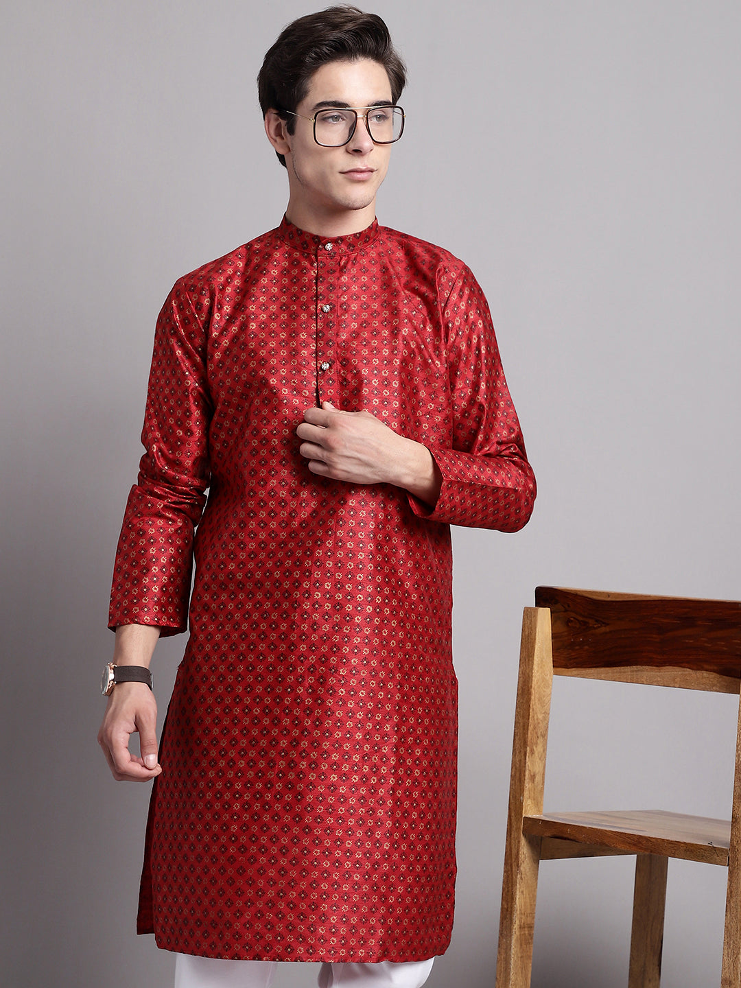Maroon Printed Silk Blend Men's Kurta | Wedding Kurta
