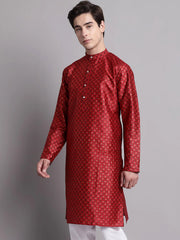 Men's Maroon Printed Silk Blend Kurta