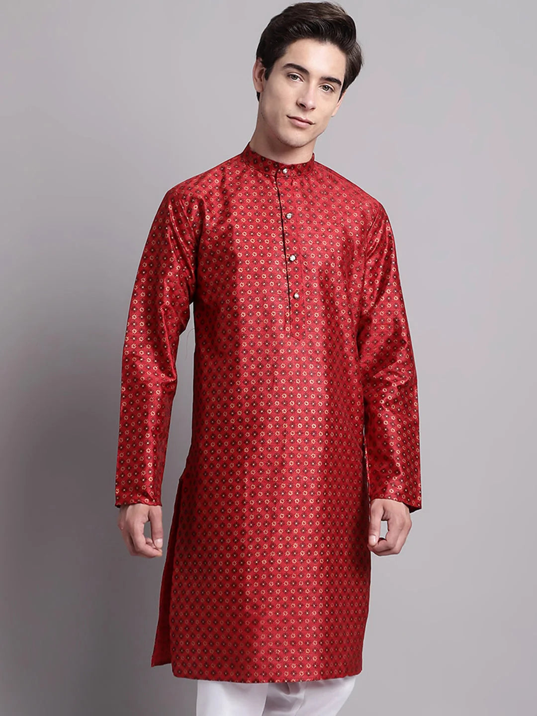 Maroon Printed Silk Blend Men's Kurta | Wedding Kurta