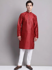 Men's Maroon Printed Silk Blend Kurta