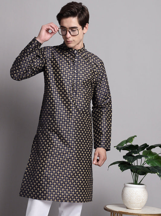 Men's Navy Blue Printed Silk Blend Kurta 1080