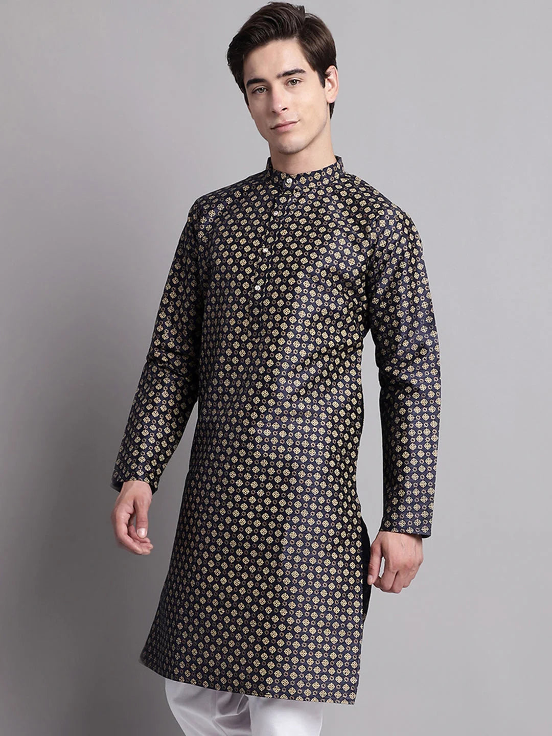 Navy Blue Printed Silk Blend Men's Kurta | Indian Kurta