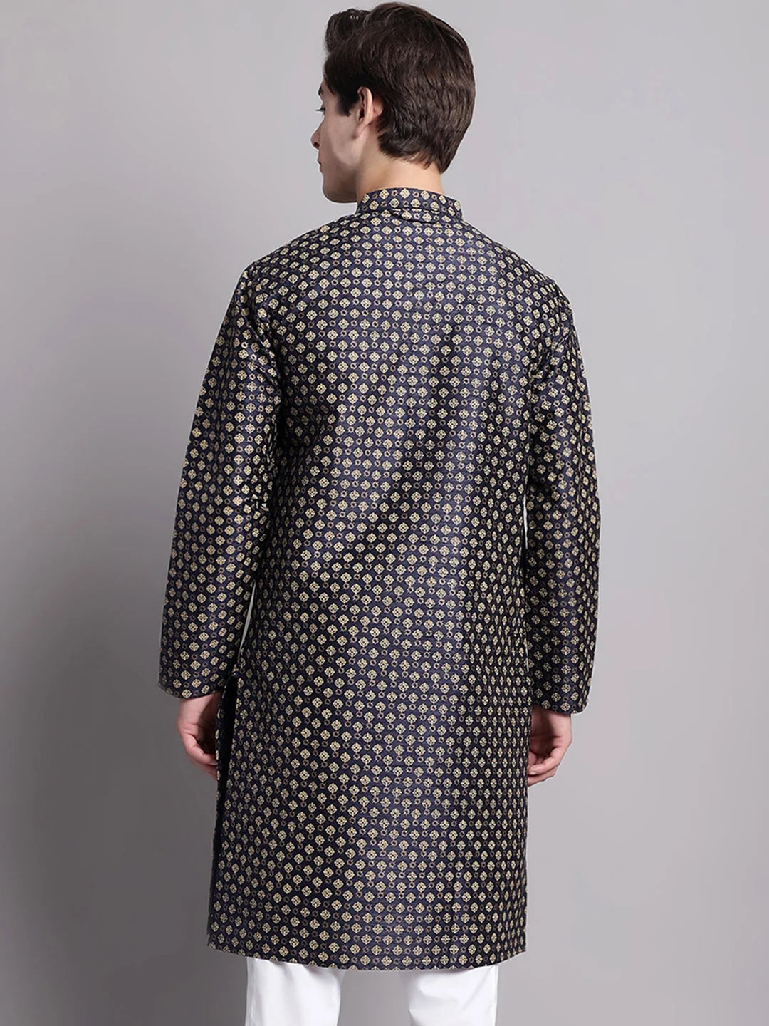 Navy Blue Printed Silk Blend Men's Kurta | Indian Kurta