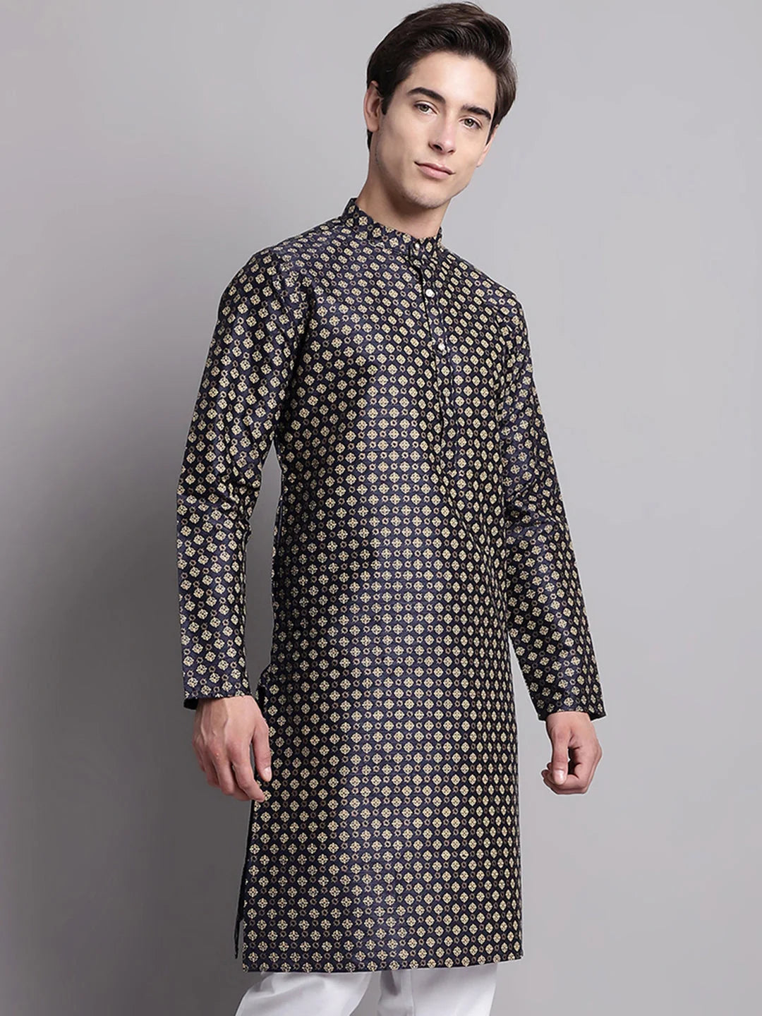 Navy Blue Printed Silk Blend Men's Kurta | Indian Kurta