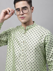 Men's Pista Green Printed Silk Blend Kurtas-KO-686