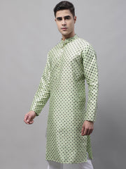 Men's Pista Green Printed Silk Blend Kurtas-KO-686