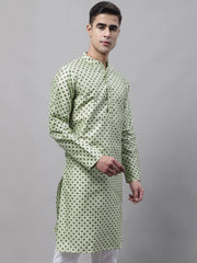 Men's Pista Green Printed Silk Blend Kurtas-KO-686