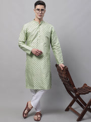 Men's Pista Green Printed Silk Blend Kurtas-KO-686