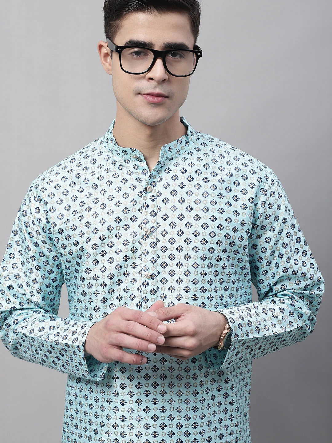 Men's Sky Blue Printed Silk Blend Kurtas-KO-686