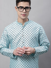 Men's Sky Blue Printed Silk Blend Kurtas-KO-686