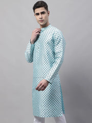 Men's Sky Blue Printed Silk Blend Kurtas-KO-686