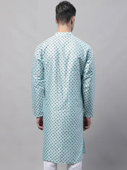 Men's Sky Blue Printed Silk Blend Kurtas-KO-686