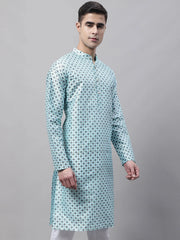 Men's Sky Blue Printed Silk Blend Kurtas-KO-686
