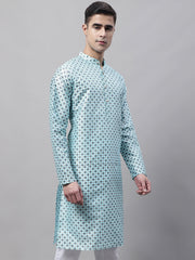 Men's Sky Blue Printed Silk Blend Kurtas-KO-686