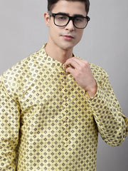 Men's Yellow Printed Silk Blend Kurtas-KO-686