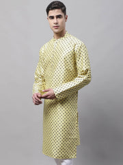 Men's Yellow Printed Silk Blend Kurtas-KO-686